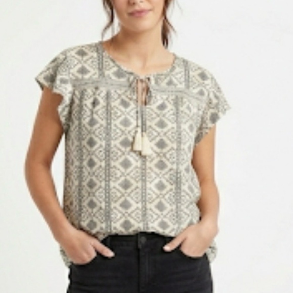Como Vintage XXL White Navy Geometric Print Flutter Sleeve Tie Neck Blouse Top